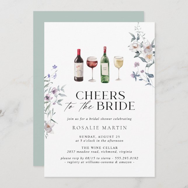 Invitación Saludos a la novia | Ducha nupcial de vino floral (Anverso / Reverso)
