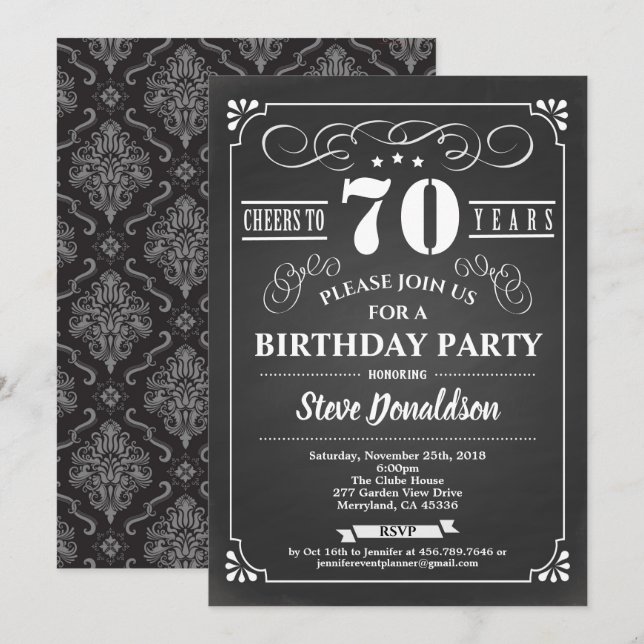 Invitación Saludos a la pizarra de la fiesta de 70 años (Anverso / Reverso)