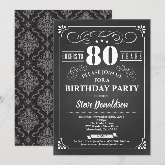 Invitación Saludos a la pizarra de la fiesta de 80 años (Anverso / Reverso)