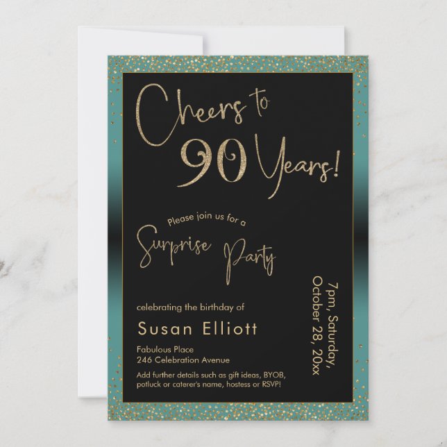 Invitación Saludos a la sorpresiva fiesta de cumpleaños de 90 (Anverso)