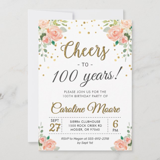 Invitación Saludos a las 100 Años Damas Fiesta de Cumpleaños (Anverso)