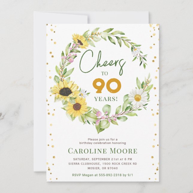 Invitación Saludos a las 90 Años Damas de Girasol 90 cumpleañ (Anverso)