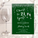 Invitación Saludos A Los 21 Años De La Plata Verde Del Bosque<br><div class="desc">Invitación al cumpleaños 21. ¡Saludos A 21 Años! Diseño elegante en verde bosque,  blanco y plateado. Incluye gafas de champán,  letra de guión y confeti de plata purpurina. Perfecto para una elegante fiesta de cumpleaños. Personaliza con tus propios detalles. Se puede personalizar para mostrar cualquier edad.</div>