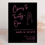 Invitación Saludos a los 21 cumpleaños del negro rosado<br><div class="desc">¡Celebremos el hito de hacer veintiuno con esta moderna invitación a los 21 cumpleaños! Con un fondo negro de moda, estas invitaciones incluyen una letra manuscrita rosa y juguetona y vasos de champán hechos a mano que se unen. Perfecto para un hito de 21 años, el diseño es único y...</div>