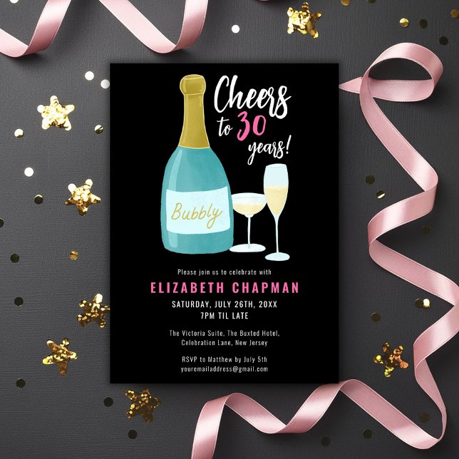 Invitación Saludos a los 30 años, burbujeante fiesta de 30 añ (Cheers to 30 years, 30th birthday invitation champagne fizz bubbly themed birthday party celebration)