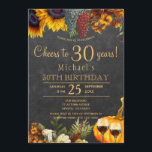 Invitación Saludos a los 30 años del rústico otoño fiesta de<br><div class="desc">Oro amarillo y naranja oxidado girasoles otoñales, uvas, dos vasos de vino tinto y una calabaza acuarela sobre un fondo de madera oscura de granero, haciendo una elegante ovación a la invitación de fiesta de cumpleaños de 30 años con un moderno guión de tipografía de oro de escritura a mano....</div>