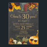 Invitación Saludos a los 30 años del rústico otoño fiesta de<br><div class="desc">Oro amarillo y naranja oxidado girasoles otoñales, uvas, dos vasos de vino tinto y una calabaza acuarela sobre un fondo de madera oscura de granero, haciendo una elegante ovación a la invitación de fiesta de cumpleaños de 30 años con un moderno guión de tipografía de oro de escritura a mano....</div>