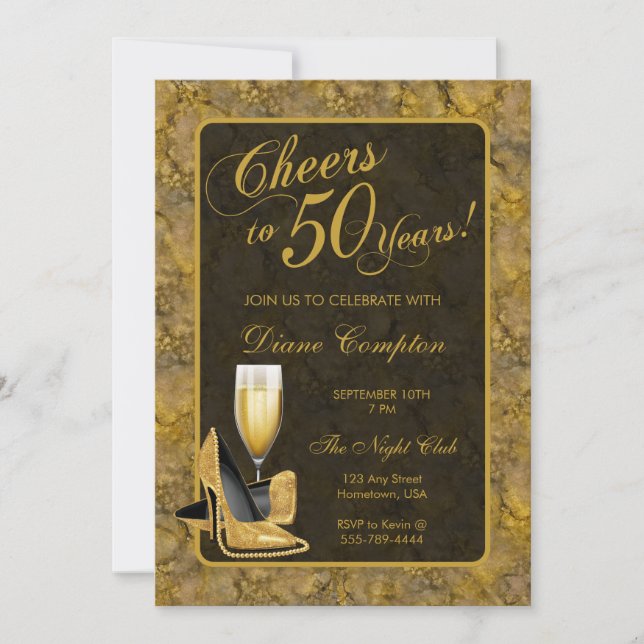 Invitación Saludos a los 50 años del cumpleaños negro de oro (Anverso)
