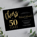 Invitación Saludos a los 50 años del negro dorado moderno 50<br><div class="desc">Elegante y moderno guión informal de escritura de manual en oro falso anima a la invitación de fiesta de 50 años de cumpleaños.</div>