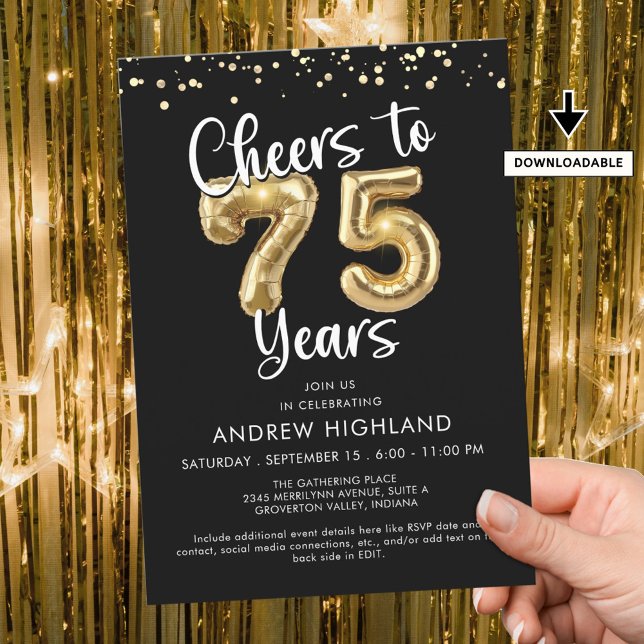Invitación Saludos a los 75 años números de globos de oro neg (Subido por el creador)
