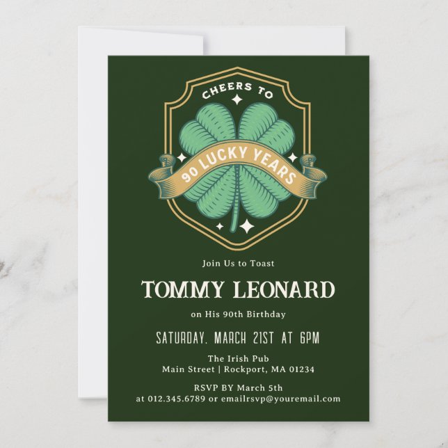 Invitación Saludos a los 90 años del cumpleaños afortunado de (Anverso)