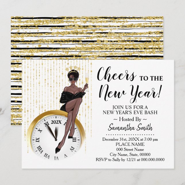 Invitación Saludos a los Chicas Purpurinas de Año Nuevo (Anverso / Reverso)