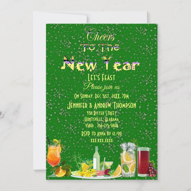 Invitación Saludos a los cócteles de Año Nuevo Green Sparklin (Anverso)
