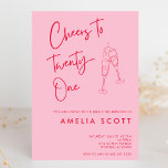 Invitación Saludos a los veintiún rojos rosados 21 cumpleaños<br><div class="desc">¡Celebremos el hito de hacer veintiuno con esta moderna invitación a los 21 cumpleaños! Estas invitaciones, con un fondo rosado de moda, cuentan con una letra manuscrita lúdica y copas de champán hechas a mano que se unen. Perfecto para un hito de 21 años, el diseño es único y a...</div>