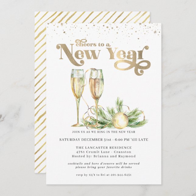 Invitación Saludos a un Año Nuevo | Sparkling Champagne (Anverso / Reverso)