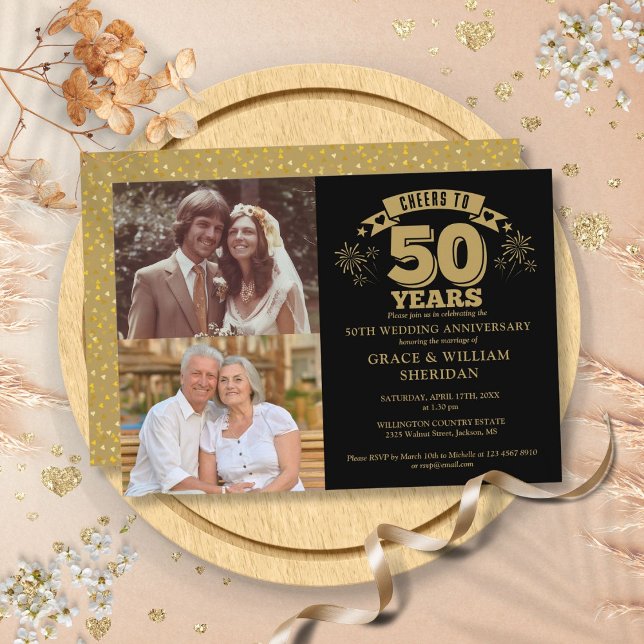 Invitación Saludos al 50° Aniversario Boda 2 Foto (Cheers To 50th Wedding Anniversary 2 Photo Invitation)
