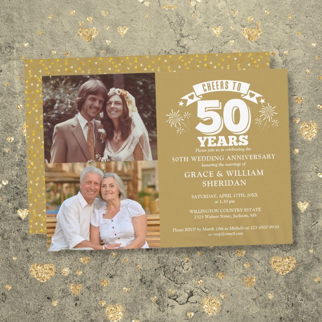 Invitación Saludos al 50° Aniversario Boda 2 Foto (Cheers To 50th Wedding Anniversary 2 Photo Invitation)