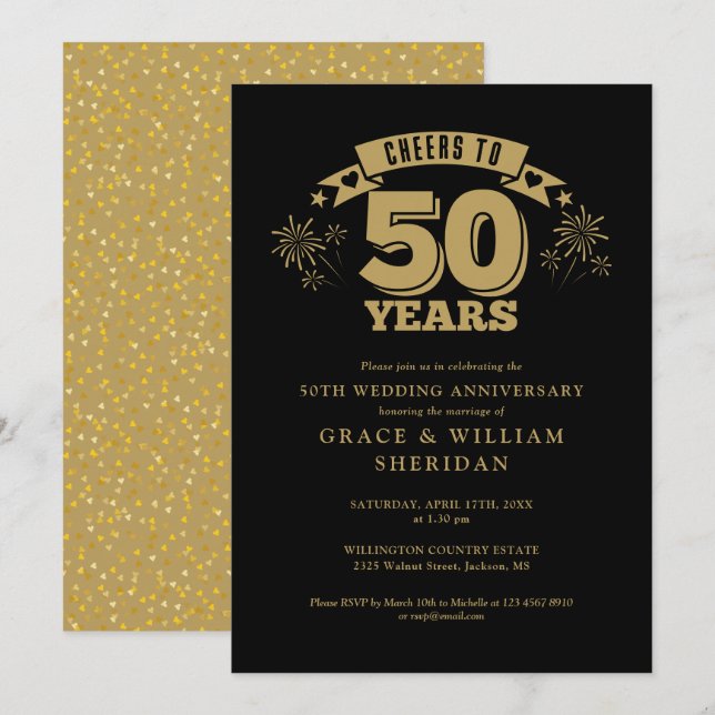 Invitación Saludos al 50° Aniversario Boda De Black And Gold (Anverso / Reverso)