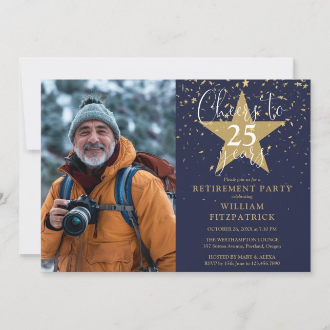 Invitación Saludos Al Fiesta De Jubilación De Fotos De Oro Y  (Anverso)