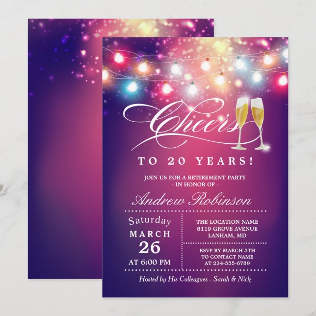 Invitación Saludos Al Fiesta De Jubilación Luces De Canción D (Anverso / Reverso)