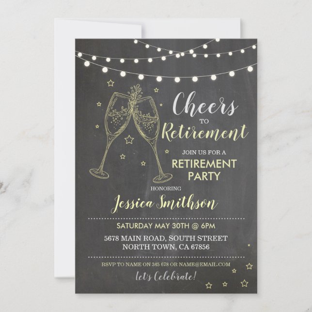 Invitación Saludos al Fiesta de retiro Chalk iluminan Champag (Anverso)