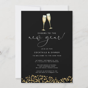 Invitación Saludos al Purpurina y negro del Oro de Año Nuevo