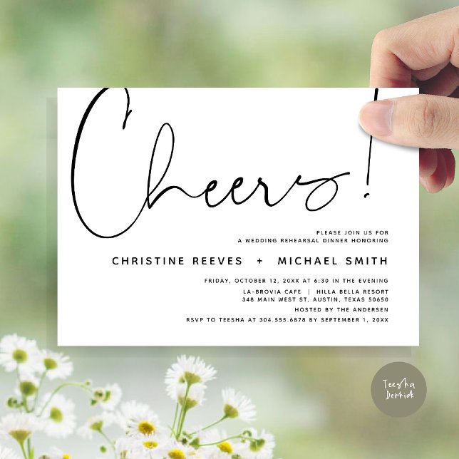 Invitación Saludos, cena de ensayo Boda (Cheers, Wedding Rehearsal Dinner Invitation Card, PDF, Modern Minimalist, in Black and White)