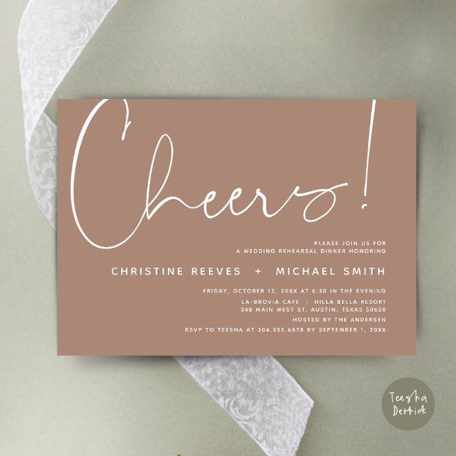 Invitación Saludos, cena de ensayo Boda (Cheers, Wedding Rehearsal Dinner Invitation Card, PDF, Modern Minimalist, in Taupe neutral earthy)