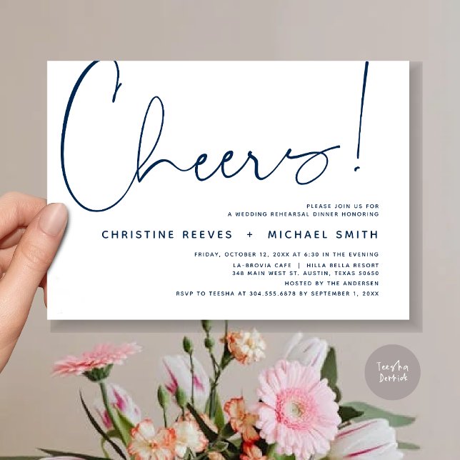 Invitación Saludos, cena de ensayo Boda (Cheers, Wedding Rehearsal Dinner Invitation Card, PDF, Modern Minimalist, in Navy Blue)