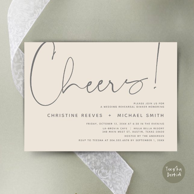 Invitación Saludos, cena de ensayo Boda (Cheers, Wedding Rehearsal Dinner Invitation Card, PDF, Modern Minimalist, in Dark Grey Cream)