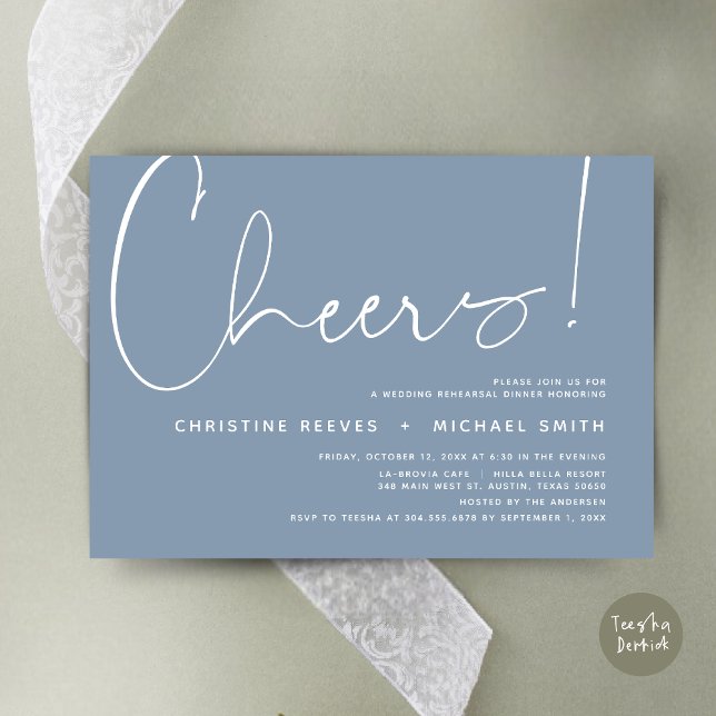 Invitación Saludos, cena de ensayo Boda (Cheers, Wedding Rehearsal Dinner Invitation Card, PDF, Modern Minimalist, in Dusty Blue)