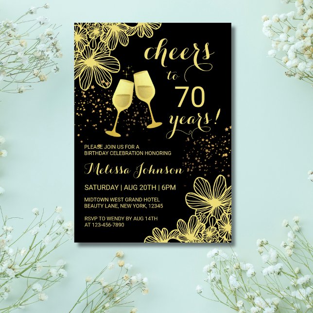 Invitación Saludos Champagne Floral Gold Black Birday (Subido por el creador)