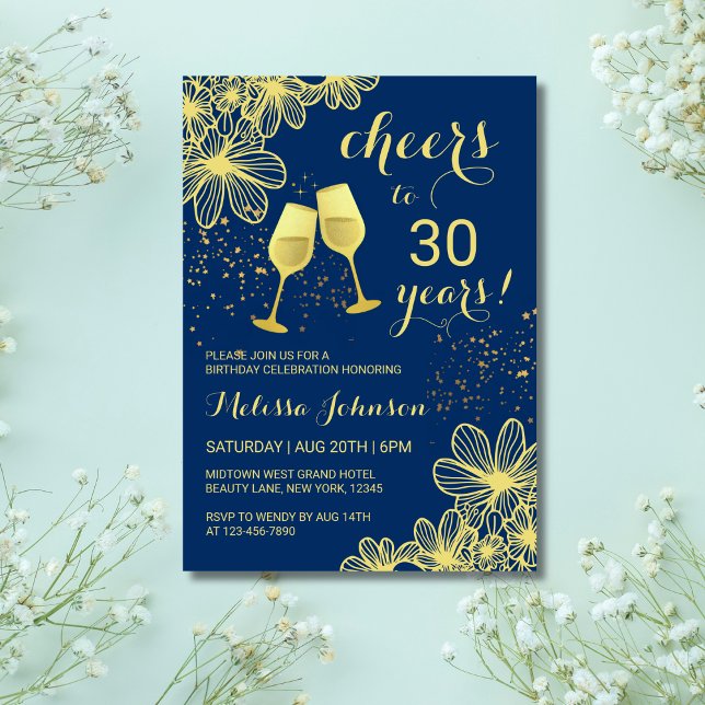 Invitación Saludos Champagne Floral Gold Navy Blue Birthday (Subido por el creador)
