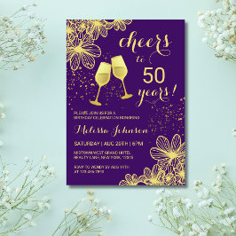 Invitación Saludos Champagne Floral Gold Purple Birthday