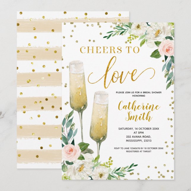Invitación Saludos dorados florales para amar a la ducha de n (Anverso / Reverso)