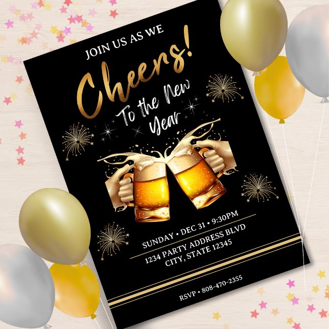 Invitación Saludos en negro y oro al Fiesta de Nochevieja 202 (Black & Gold Cheers to New Years Eve Party 2024 Invitation)