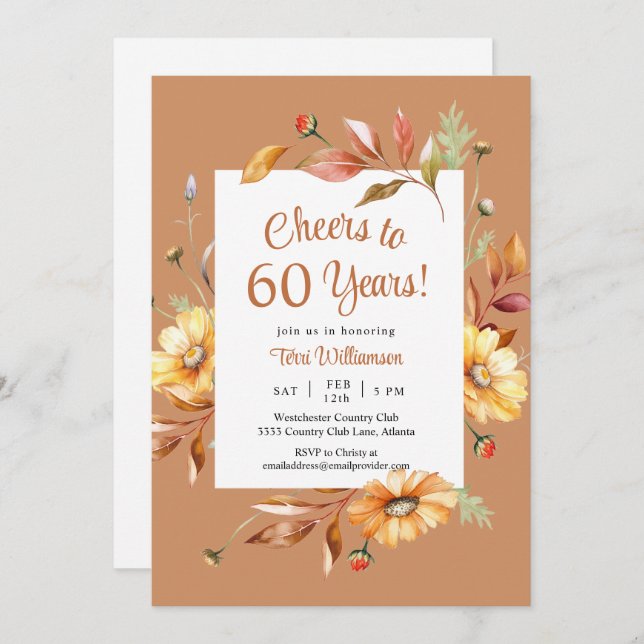Invitación Saludos otoñales a 60 años 60 cumpleaños floral (Anverso / Reverso)