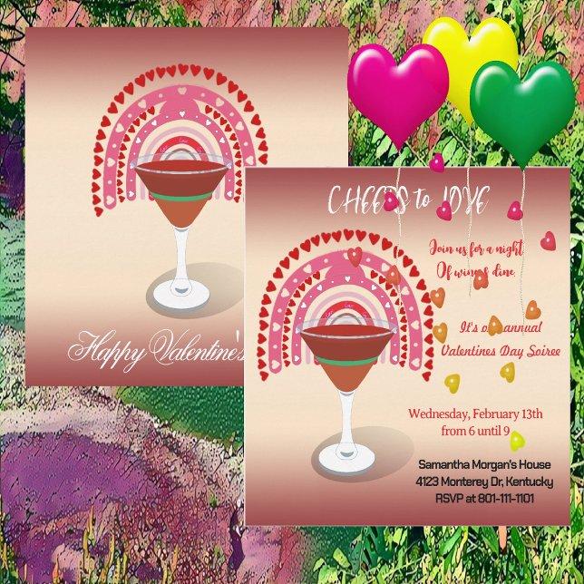 Invitación Saludos para amar al Fiesta de cócteles Valentine  (Cheers to Love Valentine Hearts Cocktail Party Invitation)