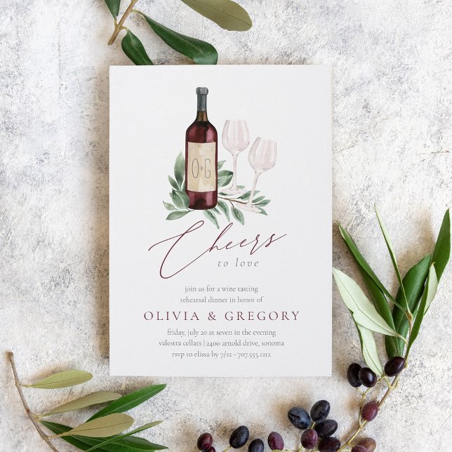 Invitación Saludos para amar la cena de ensayo de vino (Elegant wine theme rehearsal dinner invitations)