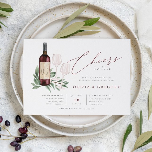 Invitación Saludos para amar la cena de ensayo de vino (Elegant wine theme rehearsal dinner invitations)