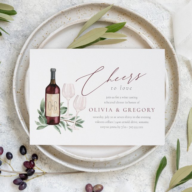 Invitación Saludos para amar la cena de ensayo de vino (Elegant wine theme rehearsal dinner invitation)