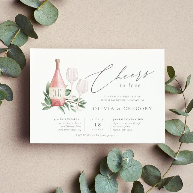 Invitación Saludos para amar la cena de ensayo de vino (Elegant wine theme rehearsal dinner invitations)