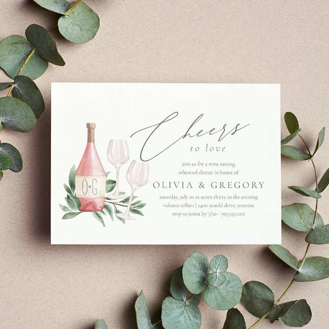 Invitación Saludos para amar la cena de ensayo de vino (Elegant wine theme rehearsal dinner invitation)