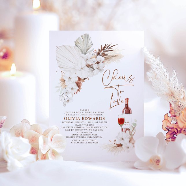 Invitación Saludos Para Amar La Ducha De Boho Pampas (White Orchids Boho Bridal Shower Invitations Cheers to Love)