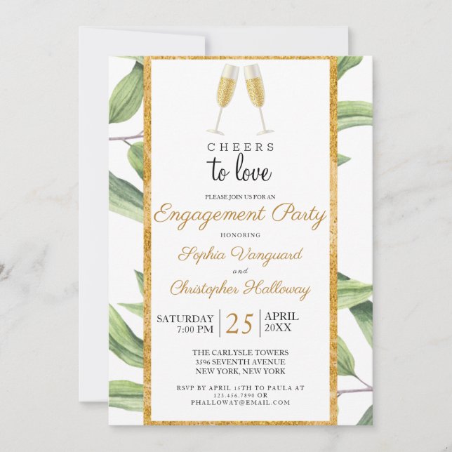 Invitación Saludos para la fiesta de compromiso de champagne  (Anverso)