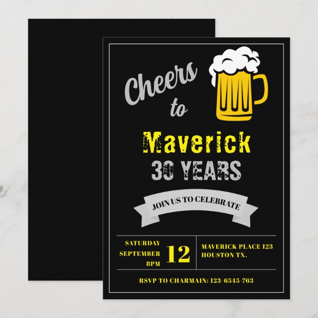 Invitación Saludos y cerveza 30 años cumpleaños negro gris os (Anverso / Reverso)