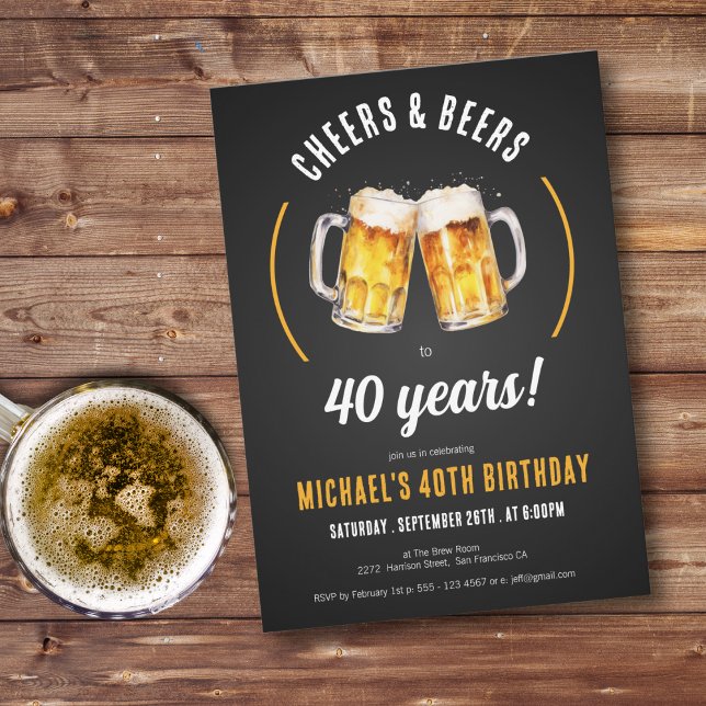 Invitación Saludos y cervezas 40° cumpleaños (Cheers and Beers 40th Birthday Party Invitation)