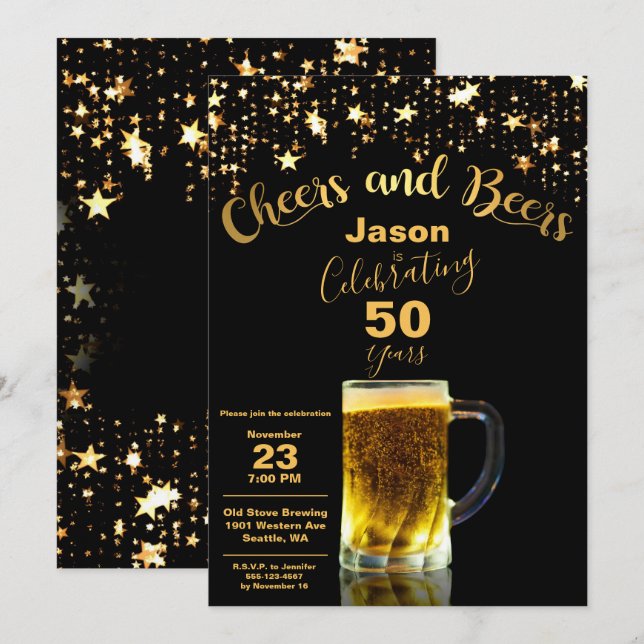 Invitación Saludos y cervezas 50° cumpleaños (Anverso / Reverso)