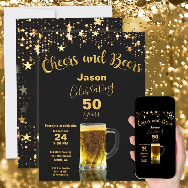 Invitación Saludos y cervezas 50 cumpleaños fiesta negro + or (Celebrate 50 Years with this elegant Cheers and Beers 50th Birthday Party design in Black and Gold)