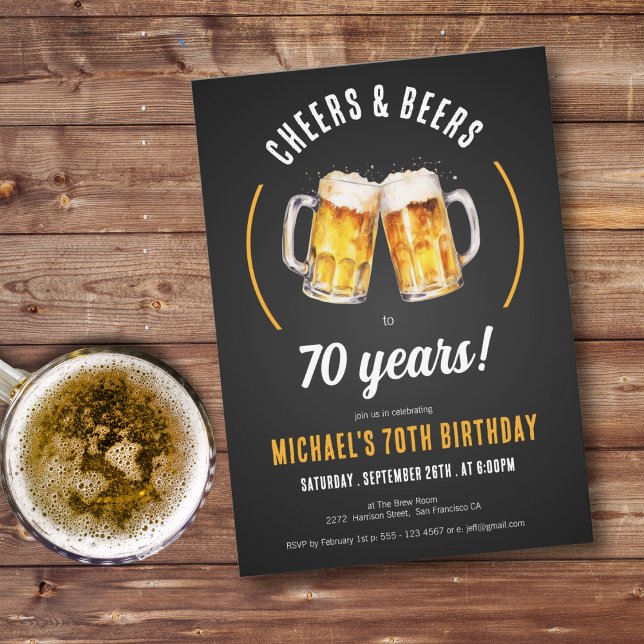Invitación Saludos y cervezas 70° cumpleaños (Cheers and Beers 70th Birthday Party Invitation)